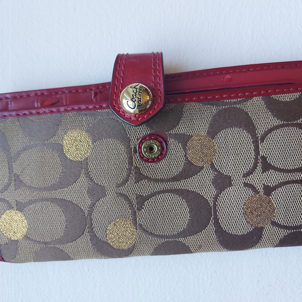 Coach Red, Brown, Tan, And Gold Canvas Logo Snap Wallet